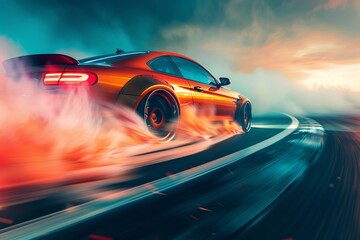 Blurred sport car drifting on speed track. Sport car wheel drifting and smoking with flare effect on track. Sport concept,drifting car concept - obrazy, fototapety, plakaty