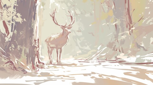  A deer standing in a snowy forest surrounded by trees