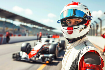 Portrait of Formula 1 racer in helmet, he is standing in front of racing bolidomi on the track