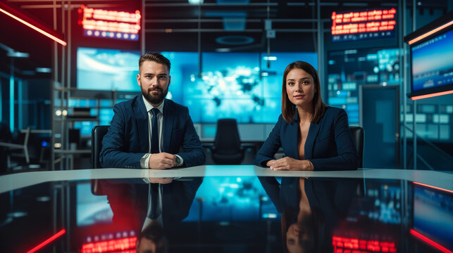 Broadcasters address news topics in a modern television studio set, hosting live talk show to present latest scandals. News anchor team introducing entertainment segment on tv network.