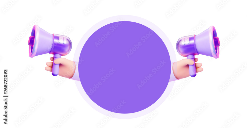 Poster 3d round speech bubble with a megaphone in hand. with an empty space for the text.