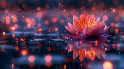  A water lily with pink petals floating on a serene pond, adorned by rippling droplets below - obrazy, fototapety, plakaty