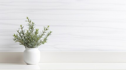 Rosemary in a white vase on a white marble background.