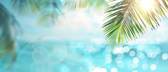 A soft blue background with a blurred, dreamy beach scene in the foreground and palm leaves.