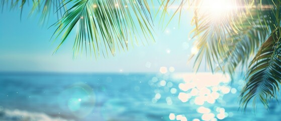 A soft blue background with a blurred, dreamy beach scene in the foreground and palm leaves.