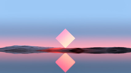 Fantastic landscape, luminous square on a rocky island, on the horizon of the sky among the water,wallpaper.3D render