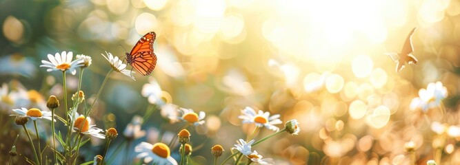 Beautiful spring meadow with daisies and butterflies in the morning sunlight banner background. - obrazy, fototapety, plakaty