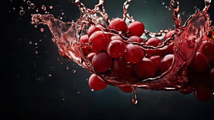 Splashing red wine with red grape close up on dark background