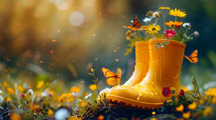 Yellow rubber boot with spring flowers inside, generative ai
