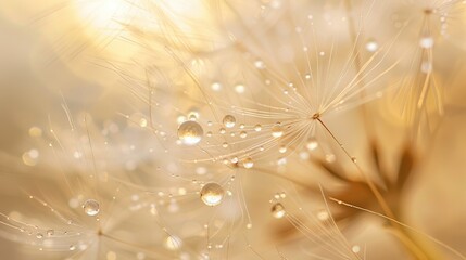 Macro shot of dew drops on dandelion seeds against a cream background.