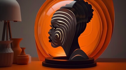  A headless woman statue before an orange circle, illuminated by a lamp above - obrazy, fototapety, plakaty