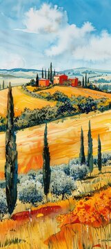 Watercolor paintings of buildings, fields, and cypress trees.