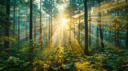 Fototapeta premium Forest of Light: Sunbeams Pierce the Verdant Canopy, Illuminating the Path to Natures Hidden Wonders
