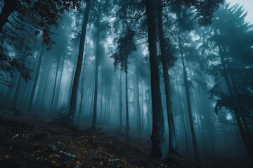Mysterious Dark Forest with Foggy Atmosphere, Eerie Woodland Landscape Photography - obrazy, fototapety, plakaty
