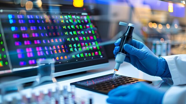 A Scientist Conducting Advanced Genetic Research in a Modern Biotechnology Laboratory Illuminated by the Glow of Biochemical Data
