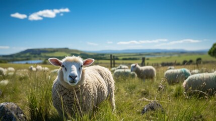 Obraz premium Sheep farm with green grass and clear sky