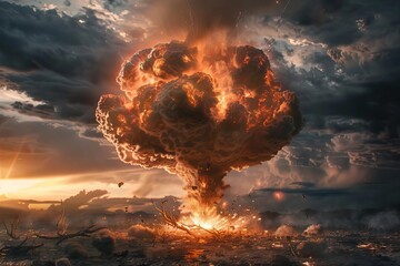 Nuclear Bomb Explosion with Huge Mushroom Cloud, Catastrophic Destruction and Fallout, Digital Art - obrazy, fototapety, plakaty