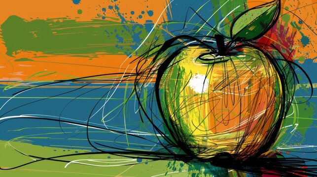  An abstract depiction of an apple on a multicolored backdrop featuring shades of blue, green, orange, yellow, and a splash of paint