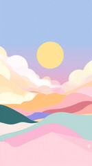 Landscape in pastel colors with lake and mountains. Vector illustration.
