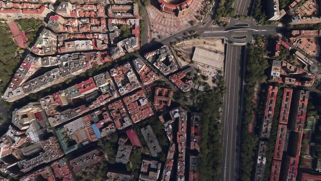 Top aerial drone view of Las Ventas Bullring in Madrid. Spain