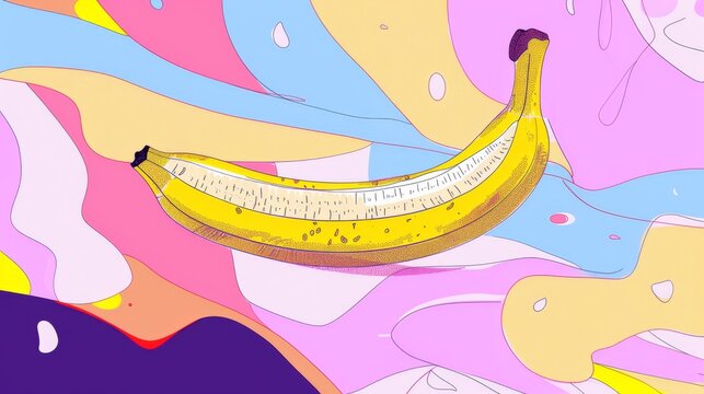  A picture of a yellow banana, with a ruler beside it against a rainbow backdrop