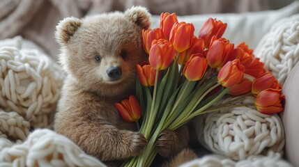  A  bear clutching orange tulips atop crocheted sheets