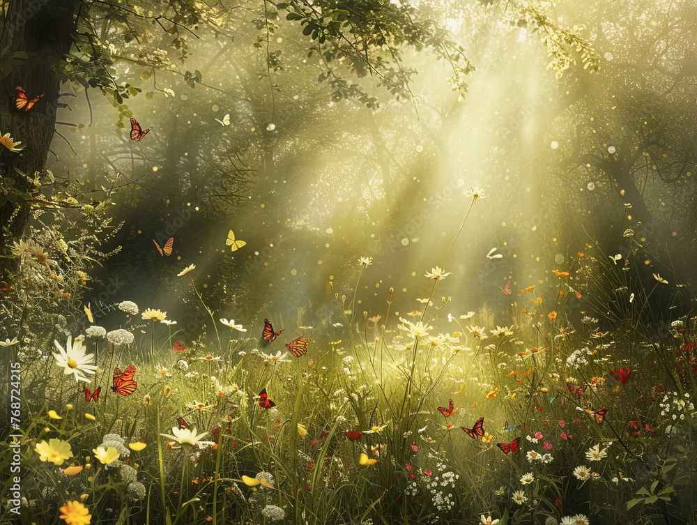 Poster sunlight streams through a mystical forest, illuminating the butterflies and wildflowers in a magica