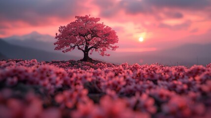  A tree stands amidst a field of blooming flowers, with the sun shining behind clouded skies