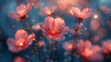  A cluster of vibrant pink blossoms set against a gradient of blue and pink, softly illuminated by a hazy white glow in the backdrop