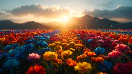   A field filled with vibrant blossoms, with the setting sun in the background and mountains in the distance © Nadia