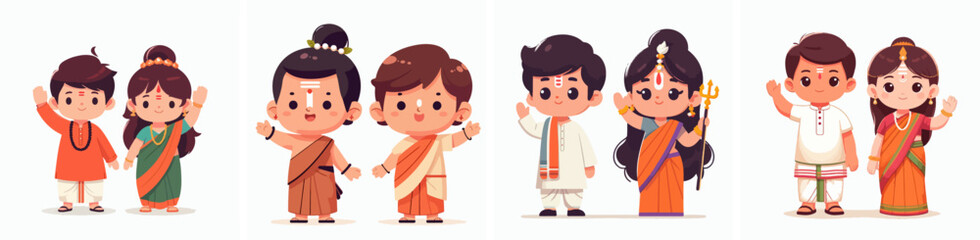 set Vector Illustration of little Hindu children wave