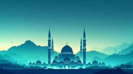 Fototapeta premium Green Cinematic Ramadan kareem eid islamic mosque background illustration colorful for wallpaper, poser and greeting card.