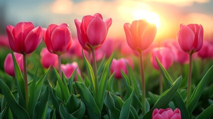  A field adorned with vibrant pink tulips, bathed in the warm glow of the sunset in the background