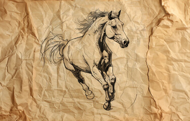 Black ink outline drawing of a running horse on a wrinkled brown paper background.