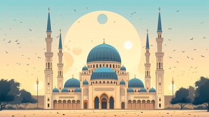 Cinematic Ramadan kareem eid islamic mosque and moon illustration colorful for wallpaper, poser and greeting card. - obrazy, fototapety, plakaty