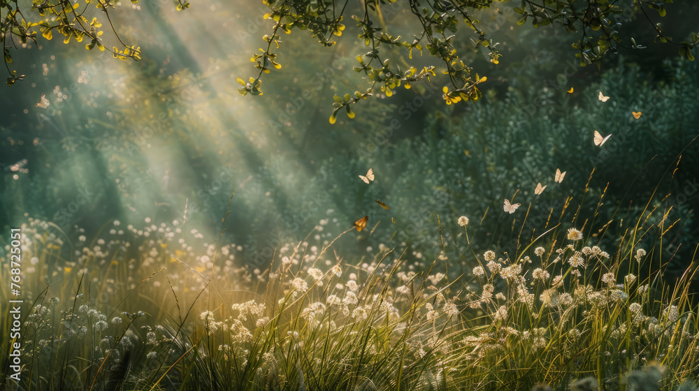 Aufkleber mystical morning mist combines with sunlight to create an ethereal setting in a forested meadow with