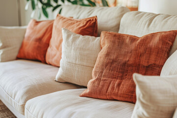 Beige fabric sofa with terracotta pillows. Modern living room in boho style. Generative AI