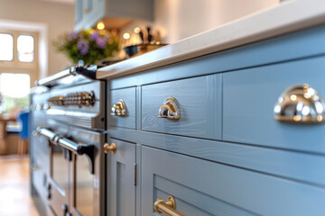 Renovated kitchen interior in blue tones. Kitchen interior with furniture. Generative AI