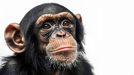 Young Chimpanzee standing up like a human isolated on white, generative ai