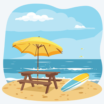 Beach umbrella and surf table cartoon isolated vect