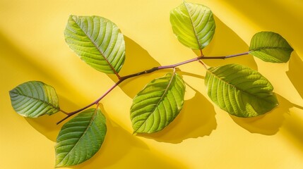  Green-leafed branch on a yellow background with shadows