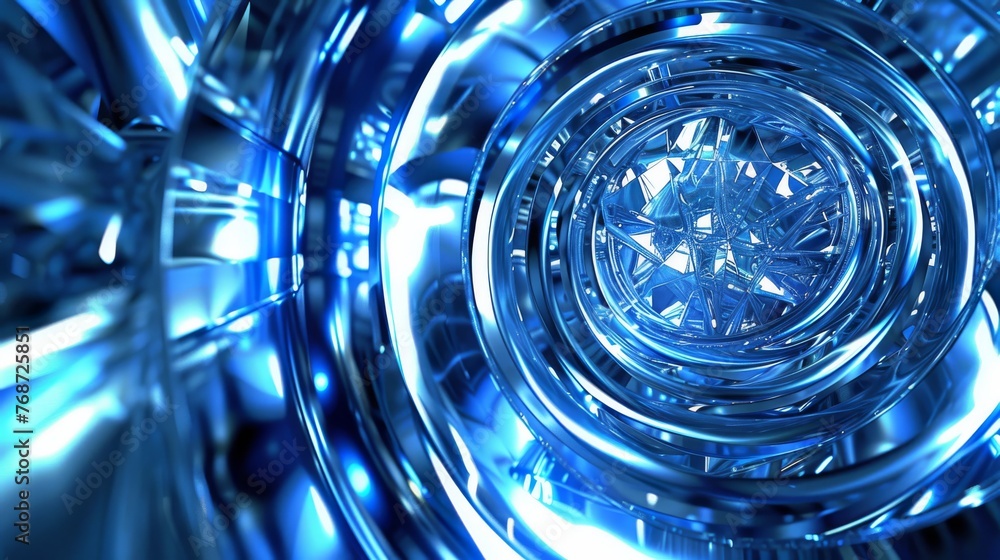Poster a macro shot of polished metallic item with azure luminescence at its core