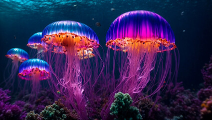 Fototapeta na wymiar colorful glowing jellyfish in deep ocean