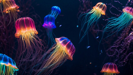 colorful glowing jellyfish in deep ocean