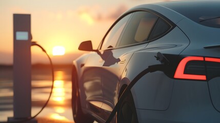 Naklejka premium Electric Vehicle Charging at Sunset: A White Car Plugged into a Charging Station with Warm Sunlight in the Background