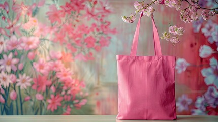 pink tote bag on a table mockup, floral background