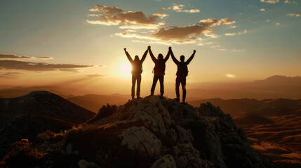 Together overcoming obstacles with three people holding hands up in the air on mountain top ,  - obrazy, fototapety, plakaty