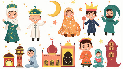 Obraz na płótnie Canvas Ramadan clip art - set of Ramadan cartoon characters and design elements