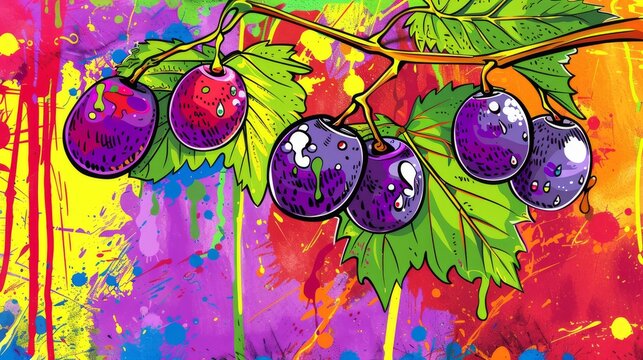  A multicolored painting with splats of color depicting green leaves and berries on a branch