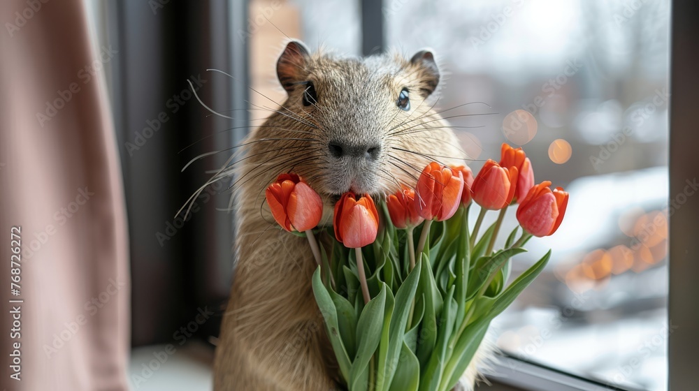 Poster  A rodent perched on a window sill with a red tulip bouquet in the foreground, facing the window